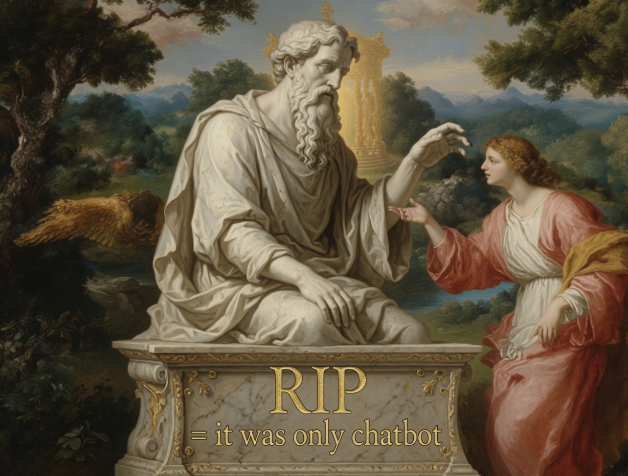 Classical statue reaching toward a figure, marble base reading: RIP it was only a chatbot